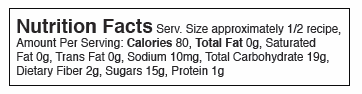 Nutrition Facts Serv. Size approximately 1/2 recipe, Amount Per Serving: Calories 80, Total Fat 0g, Saturated Fat 0g, Trans Fat 0g, Sodium 10mg, Total Carbohydrate 19g, Dietary Fiber 2g, Sugars 15g, Protein 1g