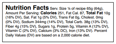 Nutrition Facts: Serv. Size 1/4 of recipe 65g (64g), Amount Per Serving: Calories 251, Fat Cal. 87, Total Fat: 10g (16% DV) Sat. Fat 1g (5% DV), Trans Fat 0g, Cholest. 0mg (0% DV) Sodium 344mg (14% DV), Total Carb. 38g (13% DV), Fiber 4g (15% DV), Sugars 1g, Protein 5g, Vitamin A (12% DV), Vitamin C (2% DV), Calcium (3% DC), Iron (13% DV). Percent Daily Values (DV) are based on a 2,000 calorie diet.